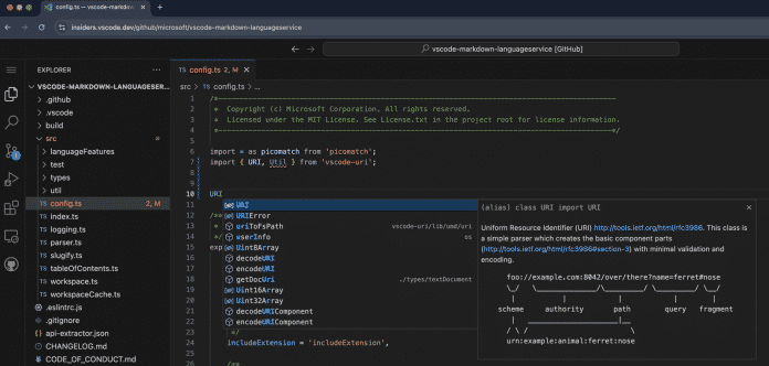 In the web-based VS Code version, developers can now use IntelliSense for JavaScript and TypeScript. 