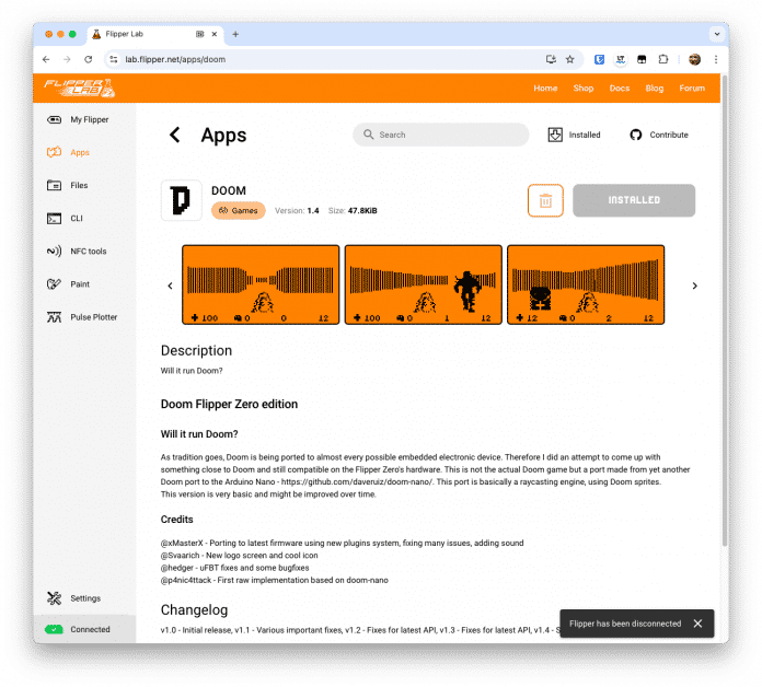 Doom-Eintrag im Flipper Appstore