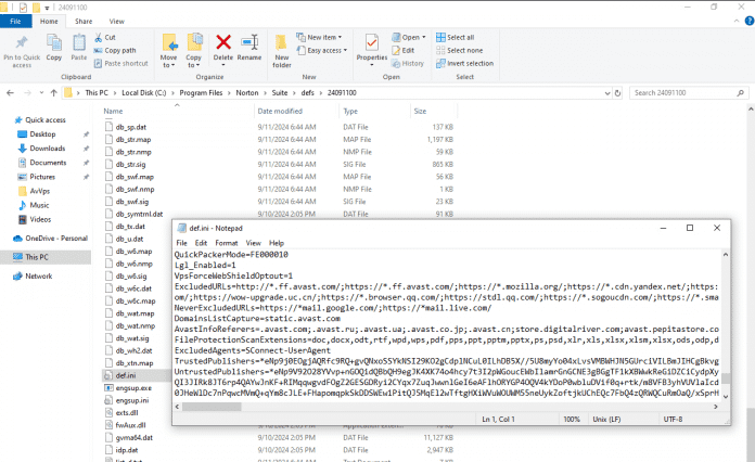 The Norton .ini file refers to Avast signatures.