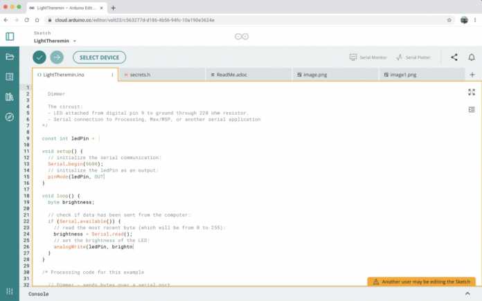A note in collaborative coding shows that someone else is currently in the same project