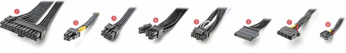 ATX-Netzteile haben Kabel mit diesen Steckern: (1) Main Power ATX (24 Pole), (2) ATX12V (CPU-Stromversorgung, 4 Pole), (3) EPS12V (CPU-Stromversorgung, 8 Pole, oft teilbar und dann zu ATX12V kompatibel), (4) PCI Express 8-polig, teilbar in 6+2, für Grafikkarten, (5) 12VHPWR für Grafikkarten, fälschlich auch PCIe 5.0 oder ATX 3.0 genannt, (6) SATA-Stromstecker für Festplatten und 2,5-Zoll-SSDs, (7) 4-poliger &quot;Molex-Stecker&quot; für alte Festplatten und optische Laufwerke, (8) 4-poliger &quot;Floppy-Stecker&quot;., 