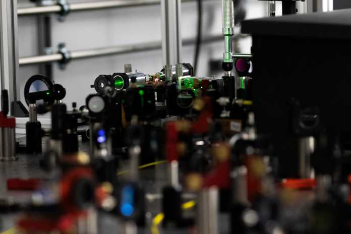 Laboratory setup with lenses, mainly out of focus