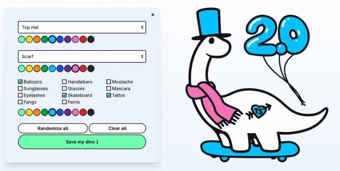 Under &quot;Make your own dino!&quot; the dinosaur can be customized on deno.com. 