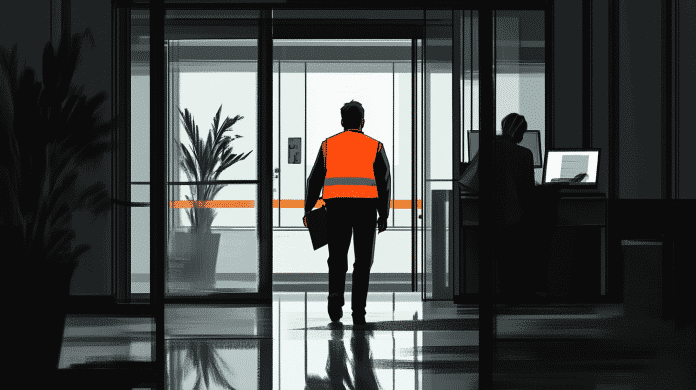 Ein Mann in Warnweste geht an einem Empfang vorbei