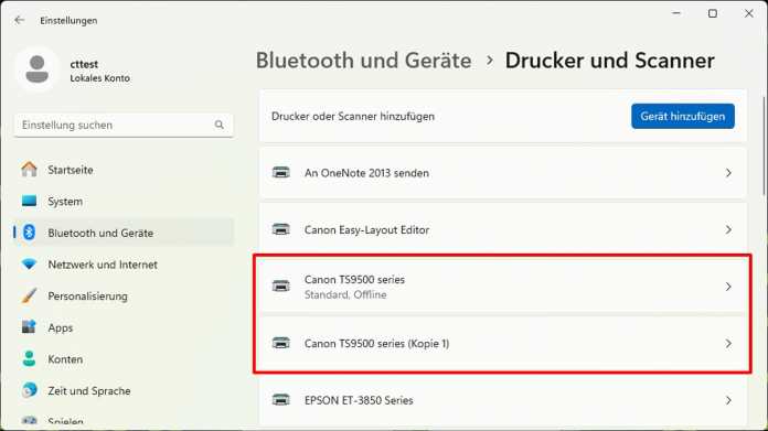 After installing manufacturer drivers, the printer often appears twice in the list of printers and scanners. The first entry comes from Windows and its print class driver, the second, labeled &quot;(Copy 1)&quot; is the manufacturer's driver, which contains all possible settings for the printer, 