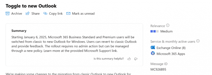 Ankündigung im Microsoft 365 Admincenter