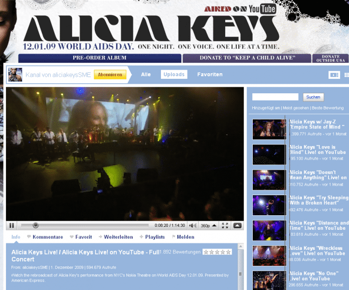 Ein Alicia-Keys-Konzert bei Youtube