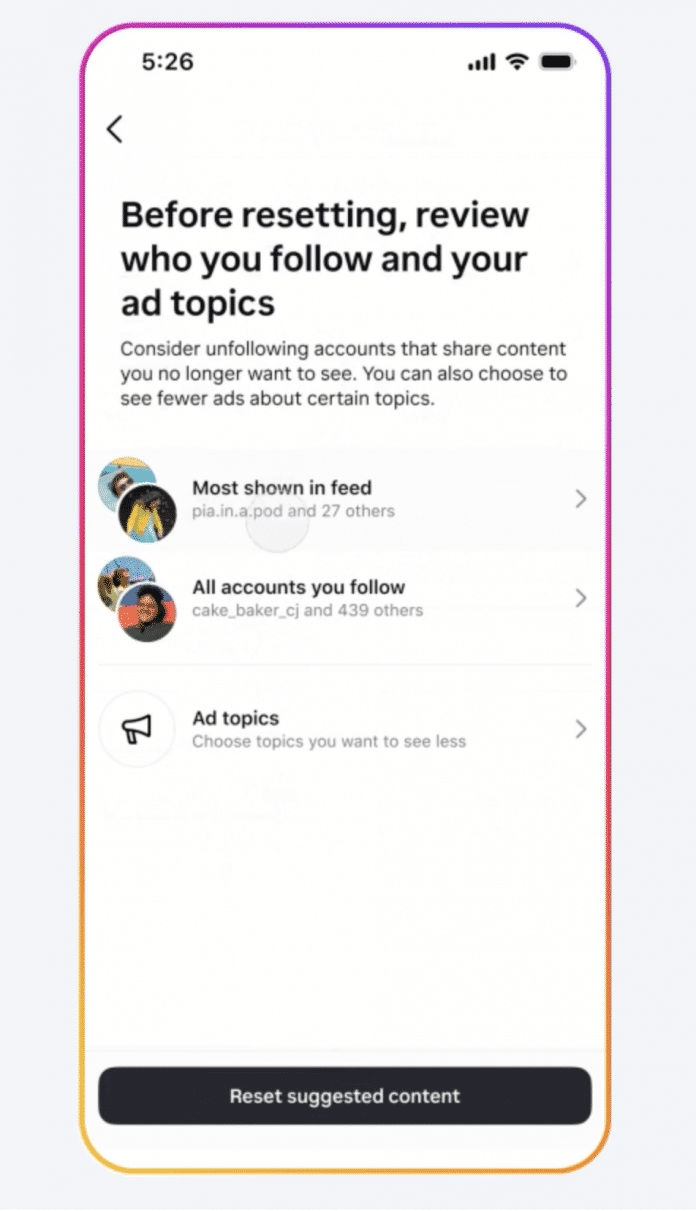 New feature in Instagram to reset recommendations