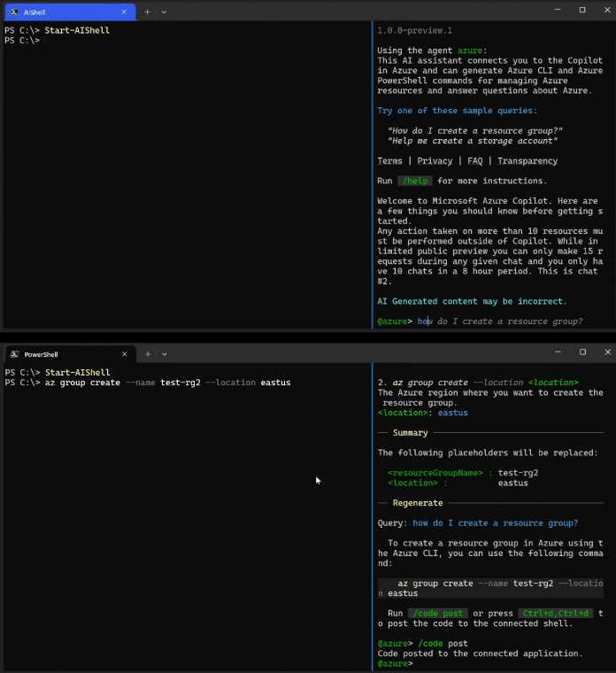 Das AI-Shell-Modul bietet Anbindung an PowerShell 7: Ausgaben des KI-Agenten lassen sich direkt in PowerShell einfügen.