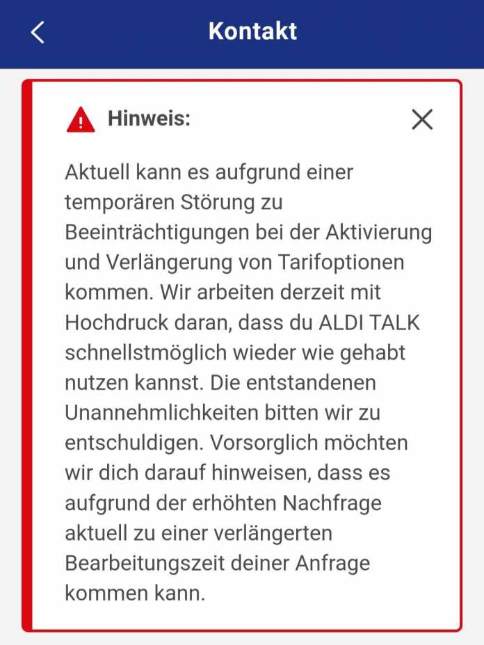 Hinweis auf die Störungen bei Aldi Talk