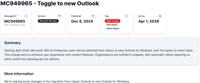 Entry in Microsoft's Admin Center