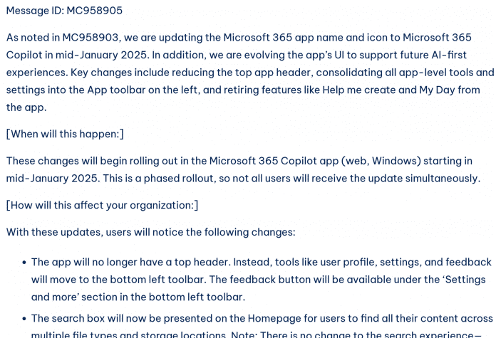 Auszug vom Eintrag im Microsoft 365 Admin Center