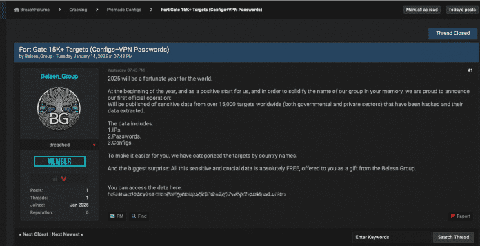 Posting in the darknet forum Breached about FortiNet configurations