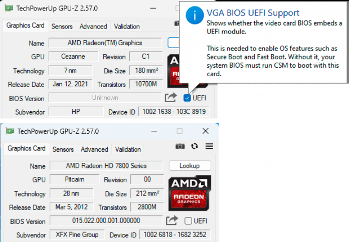 Das Tool GPU-Z (Download: ct.de/yjk1) zeigt im Kästchen &quot;UEFI&quot; (oben blau markiert und mit Pop-up-Hinweis), ob die Grafikkarte über ein UEFI-taugliches VBIOS verfügt. Die Radeon HD 7800 Series (unten) hat keines., 