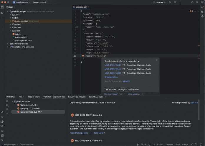 JetBrains Package Checker detects npm packages containing malicious code.