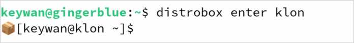 On some host systems, such as Fedora, Distrobox displays a box emoji in the prompt to indicate that you are operating in a container, 