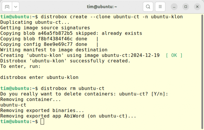 As soon as you delete a container, Distrobox removes the exported applications (such as AbiWord here). Even a previously created clone does not help, 
