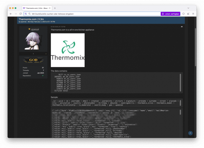 Thermomix data on the Darknet