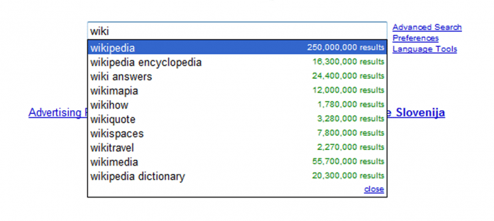 AJAX-Technologie ermöglichte neue Interaktionsmuster wie die Vorschlagssuche, hier am Beispiel von Google Suggest im Jahr 2009