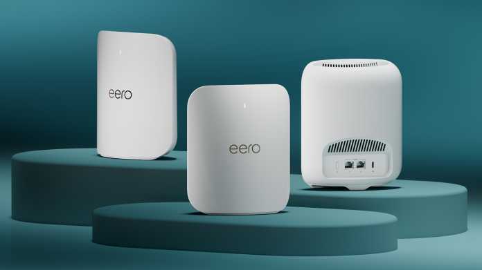 Three eero Pro 7 next to each other on pedestals