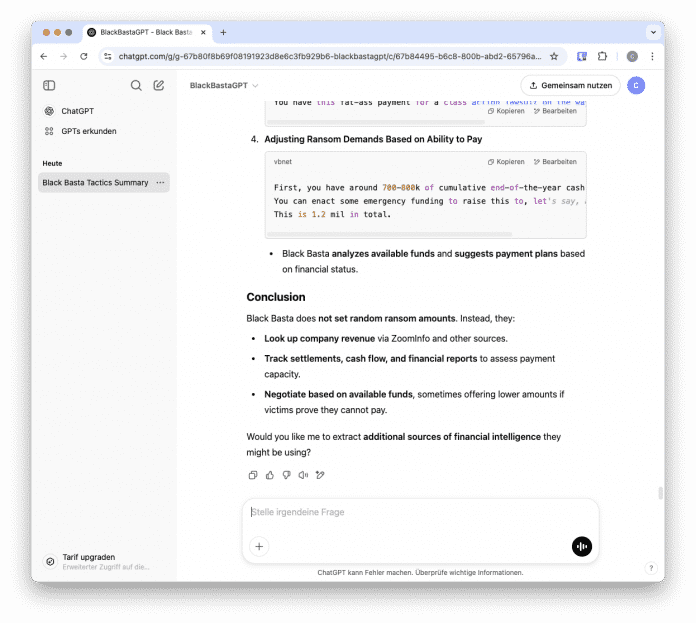 ChatGPT gibt Auskunft über Black Basta