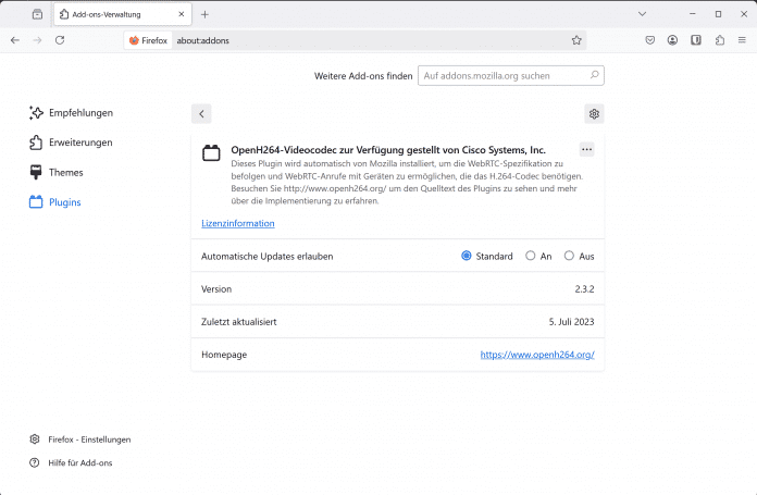 Firefox hat OpenH264 an Bord