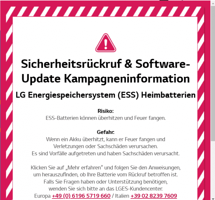 Rückruf-Nachricht auf LG-Webseite