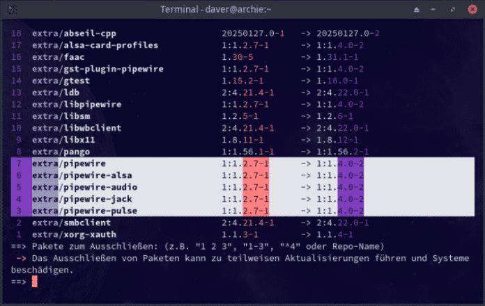 Screenshot Arch Linux with list of PipeWire packages