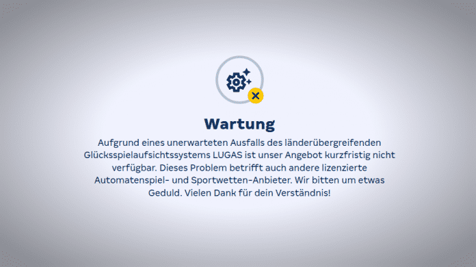 Am Samstagabend zeigte Merkurbets kurzzeitig diese Wartungsmeldung an, nach der LUGAS offline war.