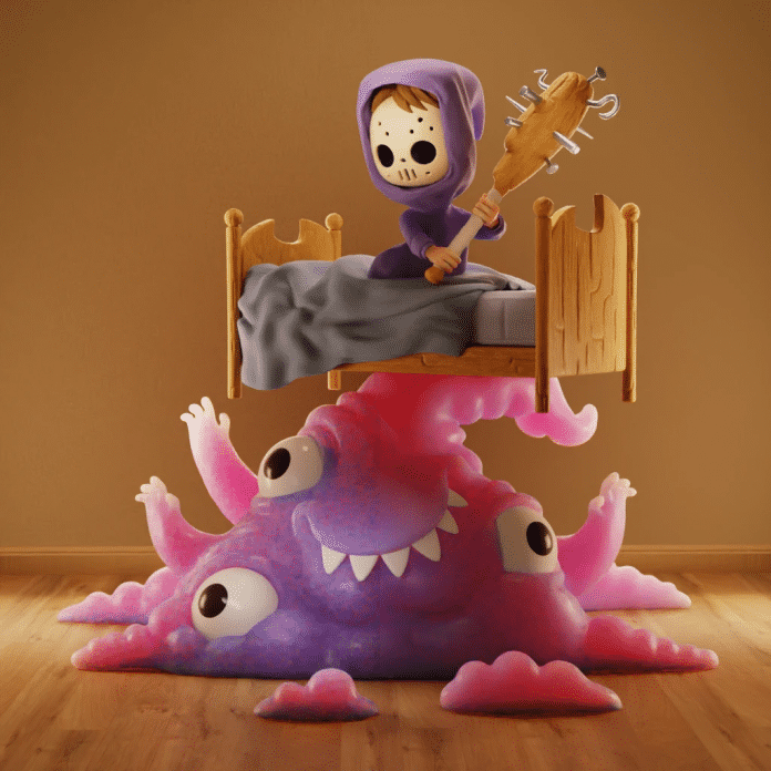 A monster with three eyes and a bed on which a small figure is holding a kind of mace