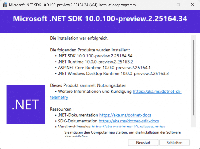 Installation des .NET 10.0 Preview 2 SDK (Abb. 1)