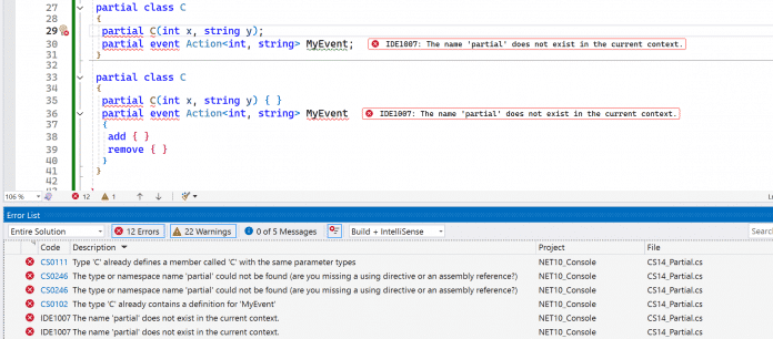 Kompilierungsfehler in Visual Studio beim Versuch partielle Konstruktoren und partielle Events in .NET 10.0 Preview 2 zu verwenden