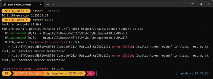 Kompilierungsfehler an der Kommandozeile beim Versuch partielle Konstruktoren und partielle Events in .NET 10.0 Preview 2 zu verwenden