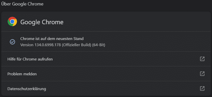 Google Chrome version dialog