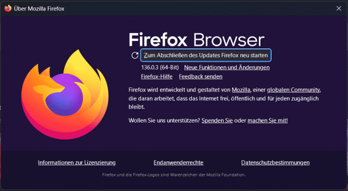 Der Versionsdialog von Firefox will ein Update installieren.