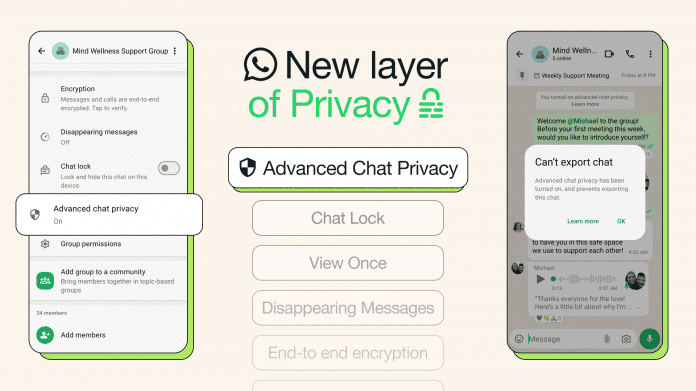 Menu items for &quot;Advanced Chat Privacy&quot; in WhatsApp