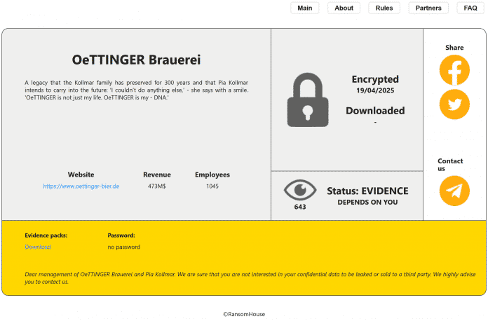 Detailseite zu Oettinger bei RansomHouse