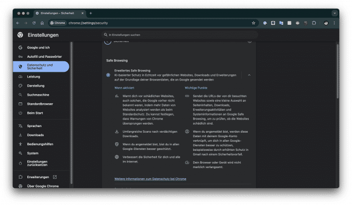 Screenshot der Chrome Funktion &quot;Erweitertes Safe Browsing&quot;
