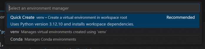 Quick Create vereinfacht das Erstellen neuer virtueller Umgebungen mit der Erweiterung Python Environments.