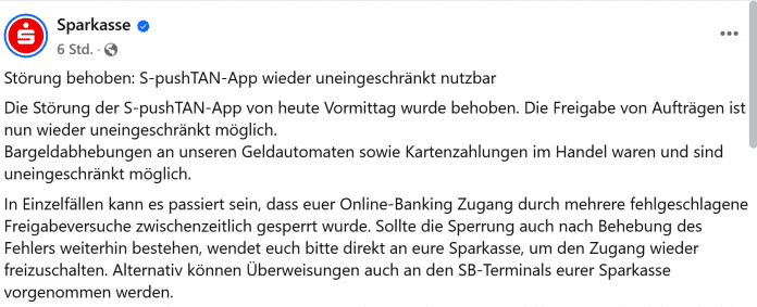 Screenshot der Sparkassen-Mitteilung auf Facebook