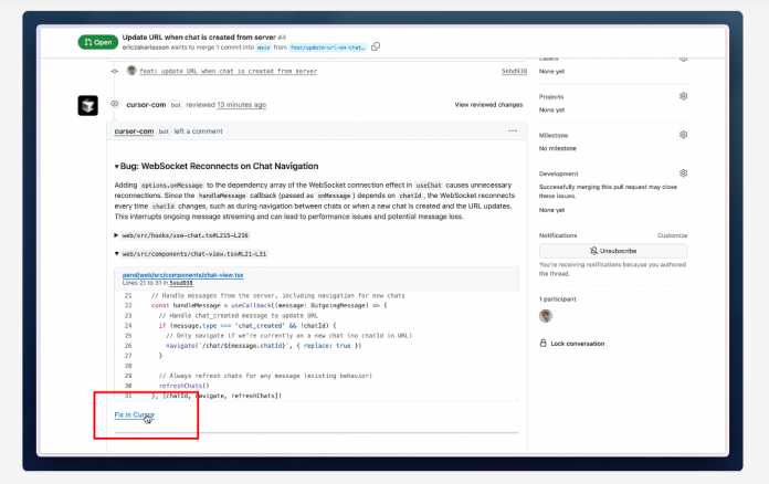 Screenshot GitHub mit Hinweis Fix in Cursor