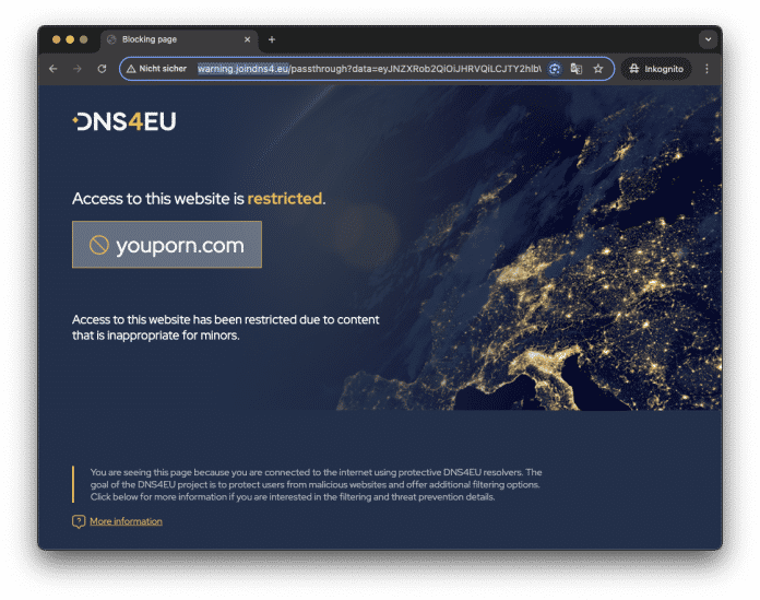 Warning when accessing unauthorized pages via DNS4EU