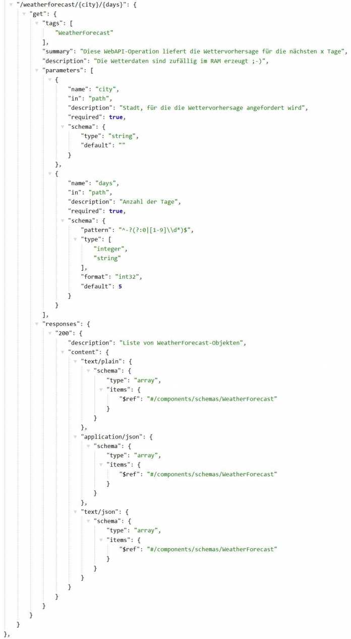 Ausschnitt aus der OAS-JSON-Datei: Die WebAPI-Operation mit den Texten aus den XML-Kommentaren berücksichtigt nun auch den Inhalt des Tags <returns>