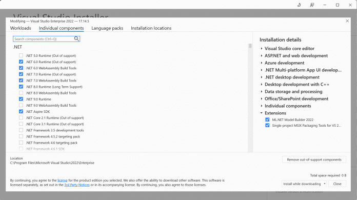 Visual Studio 2022 bietet .NET 10.0 noch nicht im Installer an.