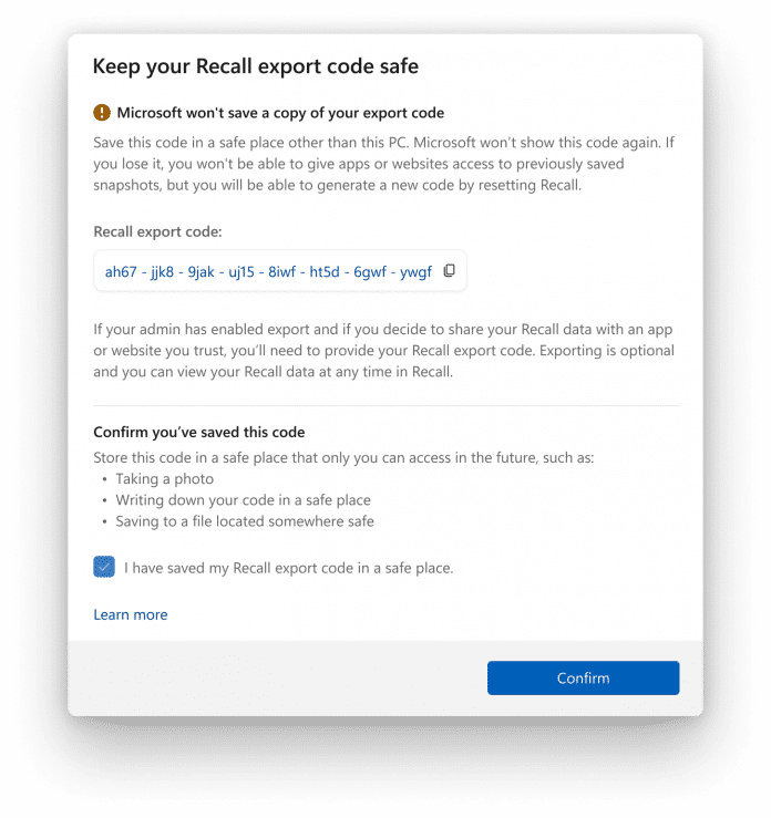 Der Recall-Code für den Export der Schnappschüsse