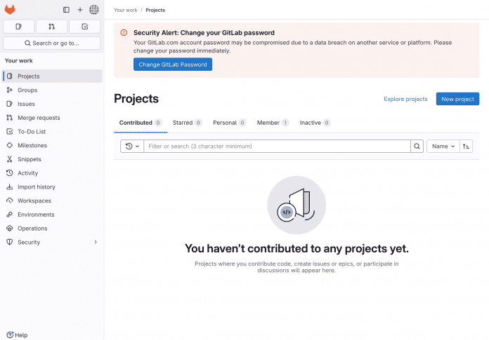 GitLab 18.1 displays a banner that prompts you to change your password immediately if it is potentially compromised. 