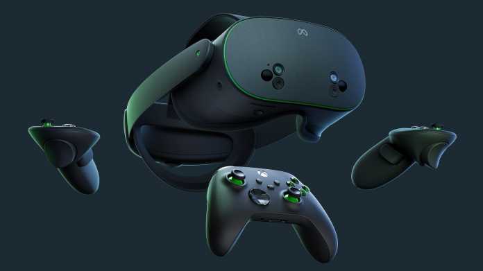 Schwebende schwarze Meta Quest 3S mit grün-schwarzen Touch- und Xbox-Gamepad vor dunklem Hintergrund.