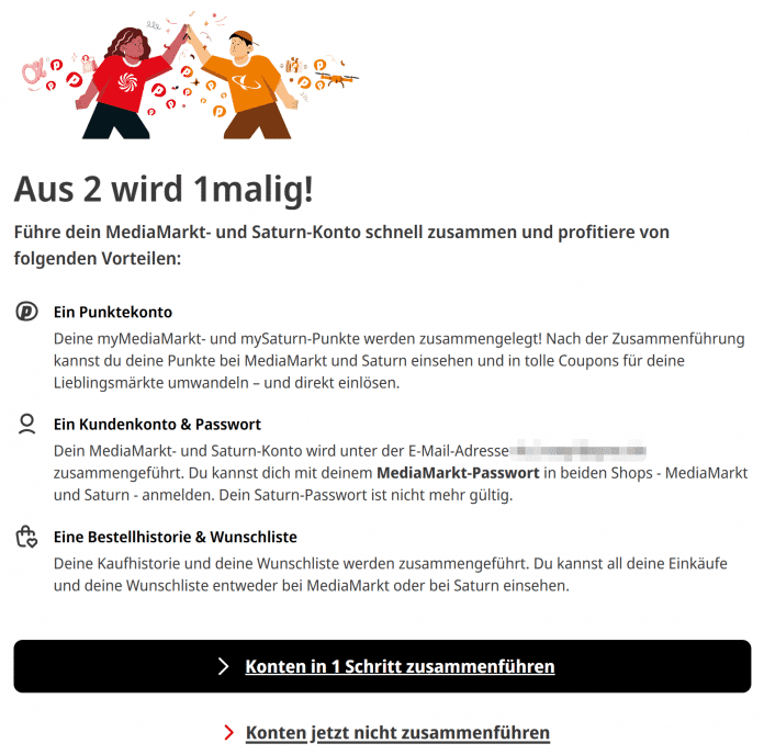 Screenshot of the Media Markt website with a request to merge accounts