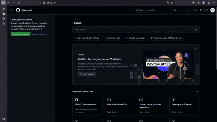 Benutzeroberfläche Startseite GitHub