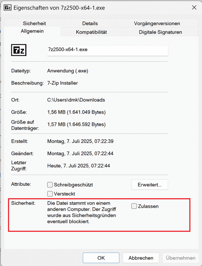 In den Dateieigenschaften lässt sich das Mark-of-the-Web entfernen.